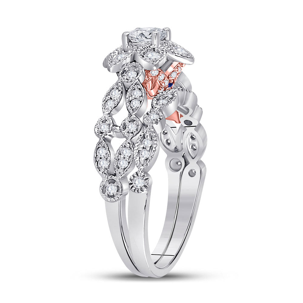 14K Two-tone Gold Round Diamond Flower Bridal Wedding Ring Band Set 3/4 Cttw, Womens Size: 5-10