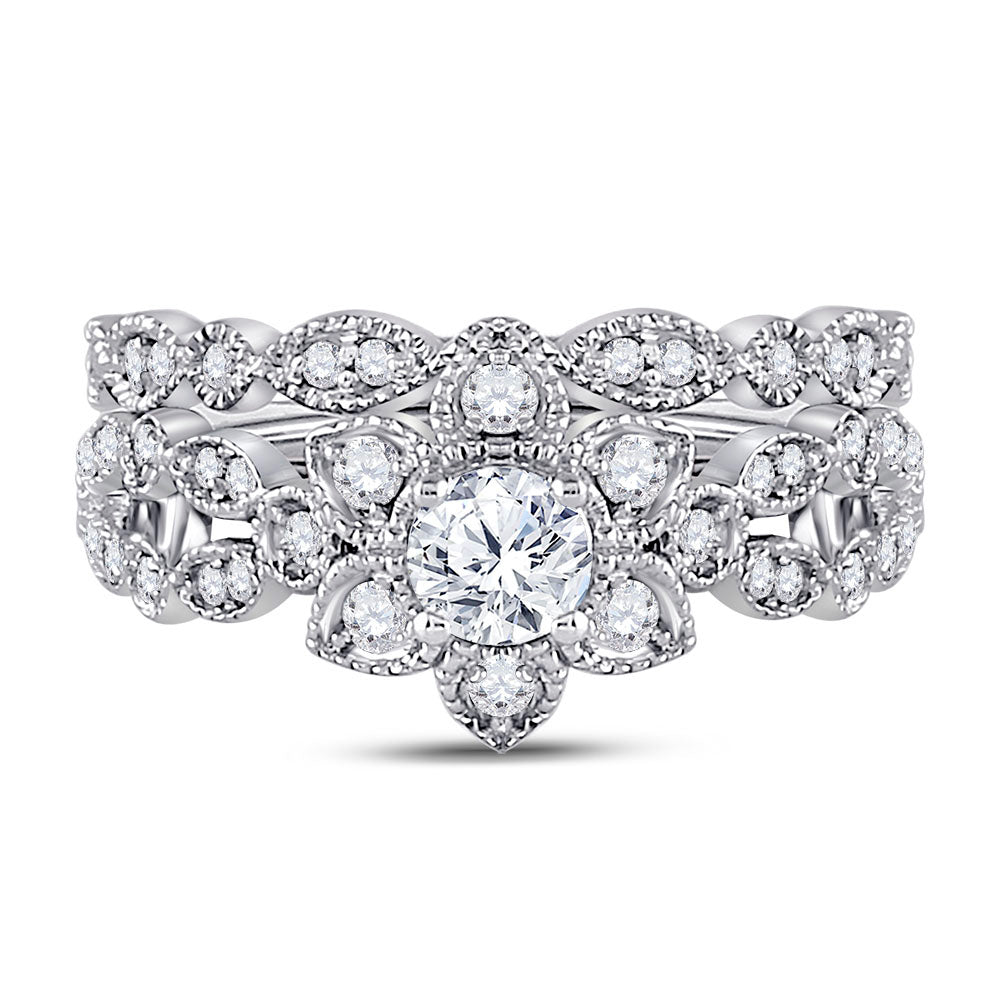 14K Two-tone Gold Round Diamond Flower Bridal Wedding Ring Band Set 3/4 Cttw, Womens Size: 5-10