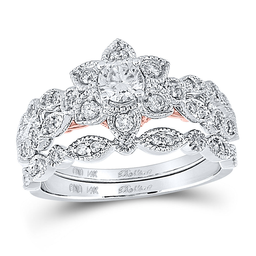 14K Two-tone Gold Round Diamond Flower Bridal Wedding Ring Band Set 3/4 Cttw, Womens Size: 5-10