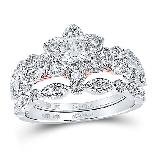 14K Two-tone Gold Round Diamond Flower Bridal Wedding Ring Band Set 3/4 Cttw, Womens Size: 5-10