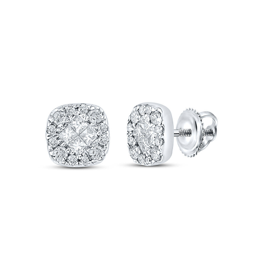 14K White Gold Womens Princess Round Diamond Square Cluster Earrings 1/4 Cttw