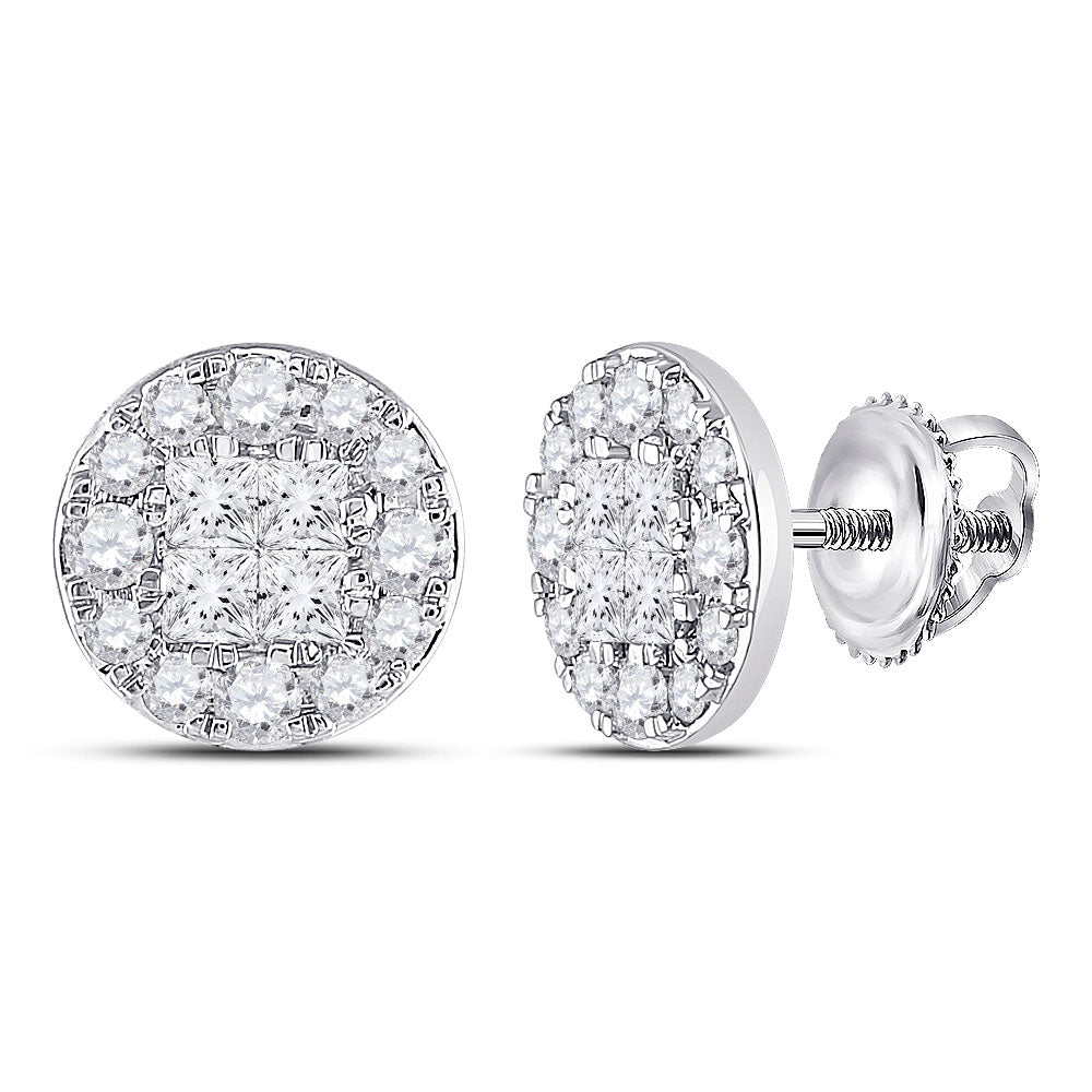 14K White Gold Womens Princess Round Diamond Cluster Earrings 2 Cttw