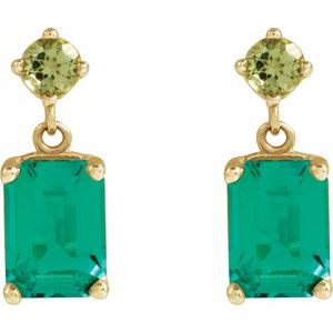 14K Yellow Gold Emerald 7 X 5 Mm Lab-Grown Emerald And Natural Peridot Dangle Earrings