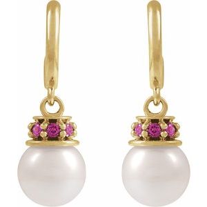 14K Yellow Gold Pearl 7-7.5 Mm Cultured Pearl And Natural Pink Tourmaline Earrings