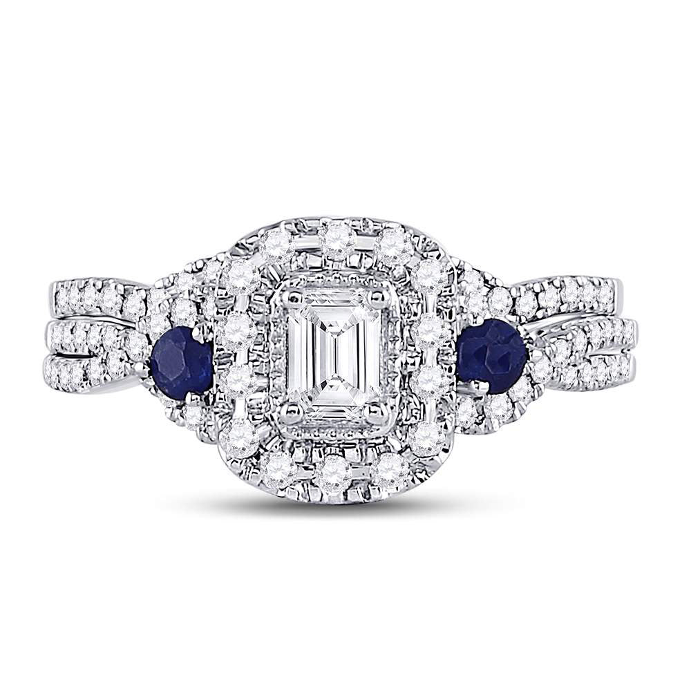 14K White Gold Emerald Diamond Bridal Wedding Ring Band Set 3/4 Cttw, Womens Size: 5-10