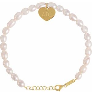 14K Yellow Gold Pearl 5-5.5 Mm Cultured Freshwater Pearl Bracelet With Heart Dangle, Length: 8 In