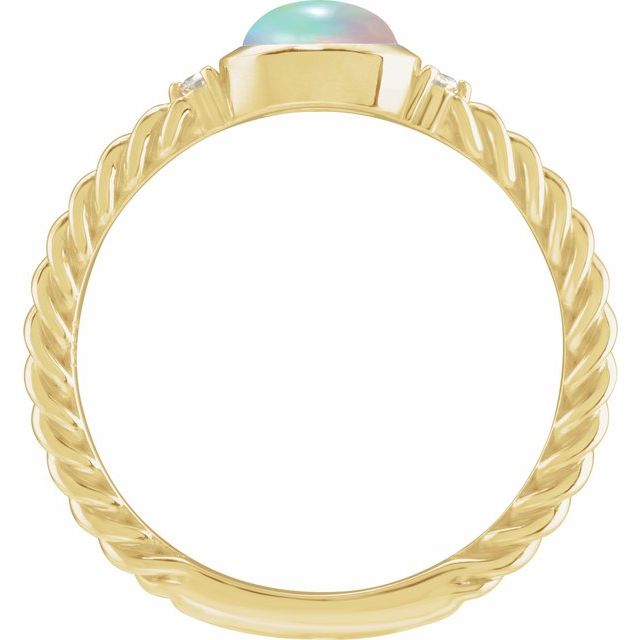 14K Yellow Gold Oval 8 X 6 Mm Polished Natural Ethiopian Opal Cabochon And .03 Ctw Natural Diamond Rope Ring, Size 7