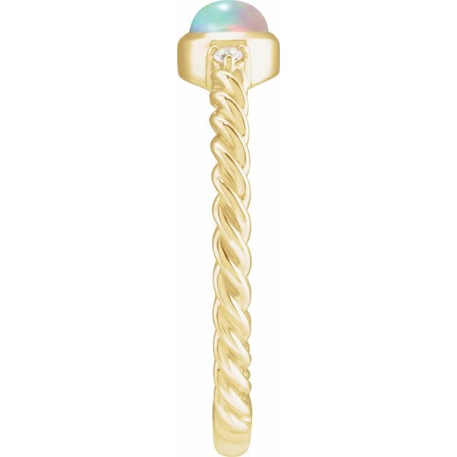 14K Yellow Gold Oval 8 X 6 Mm Polished Natural Ethiopian Opal Cabochon And .03 Ctw Natural Diamond Rope Ring, Size 7
