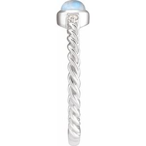 14K White Gold Oval 8 X 6 Mm Polished Natural Rainbow Moonstone Cabochon And .03 Ctw Natural Diamond Rope Ring Size 7