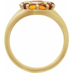 14K Yellow Gold Oval 7 X 5 Mm Polished Natural Mexican Fire Opal And Cabochon Natural Citrine Halo-Style Ring Size 7