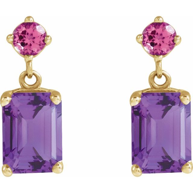 14K Yellow Gold Emerald 7 X 5 Mm Friction Backs Polished Natural Amethyst And Natural Pink Tourmaline Dangle Earrings