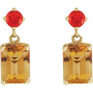 14K Yellow Gold Emerald 7 X 5 Mm Natural Citrine And Natural Mexican Fire Opal Dangle Earrings