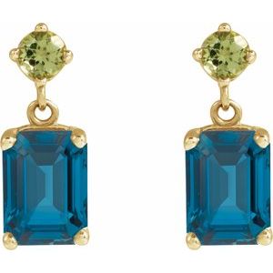 14K Yellow Gold Emerald 7 X 5 Mm Natural London Blue Topaz And Natural Peridot Dangle Earrings