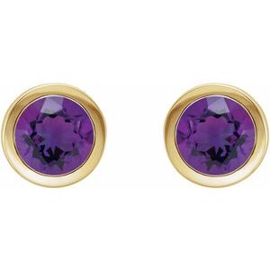 14K Yellow Gold Round Shape 6 Mm Natural Amethyst Bezel-Set Stud Earrings