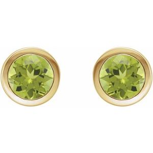 14K Yellow Gold Round Shape 6 Mm Natural Peridot Bezel-Set Stud Earrings