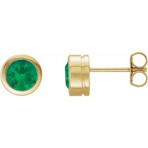 14K Yellow Gold Round Shape 6 Mm Natural Emerald Bezel-Set Stud Earrings