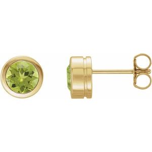 14K Yellow Gold Round Shape 6 Mm Natural Peridot Bezel-Set Stud Earrings