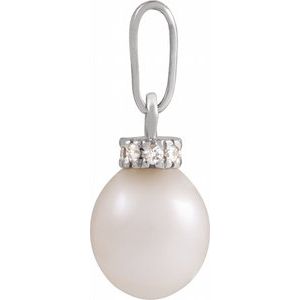 14K White Gold Pearl 7-8 Mm H+ I1 Cultured White Freshwater Pearl And .08 Ctw Natural Diamond Pendant
