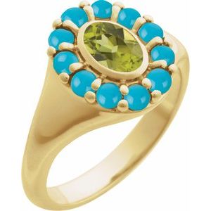 14K Yellow Gold Natural Peridot Oval 7 X 5 Mm Natural Turquoise Polished Natural Peridot And Cabochon Natural Turquoise Halo-Style Ring Size 7