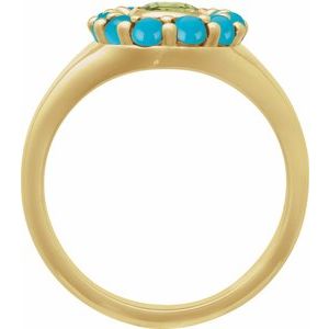 14K Yellow Gold Natural Peridot Oval 7 X 5 Mm Natural Turquoise Polished Natural Peridot And Cabochon Natural Turquoise Halo-Style Ring Size 7