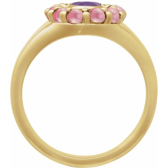 14K Yellow Gold Oval 7 X 5 Mm Polished Natural Amethyst And Cabochon Natural Rhodolite Garnet Halo-Style Ring, Size 7