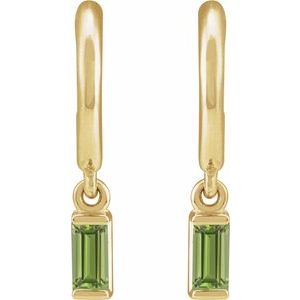 14K Yellow Gold Pair Straight Baguette Shape 4 X 2 Mm Natural Peridot Dangle Hoop Earrings, Length: 17.6 Mm, Thickness: 4.6 Mm