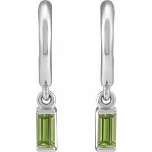 14K White Gold Pair Straight Baguette Shape 4 X 2 Mm Natural Peridot Dangle Hoop Earrings, Length: 17.6 Mm, Thickness: 4.6 Mm