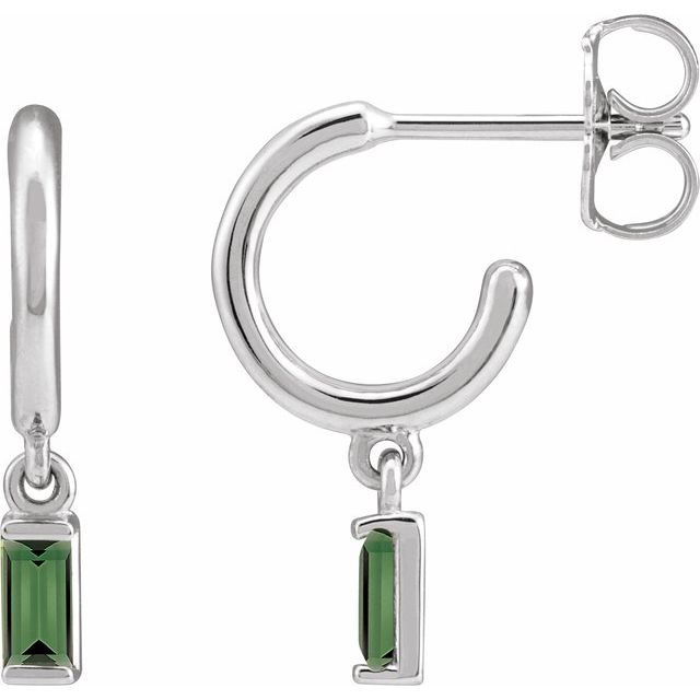 14K White Or Yellow Gold Straight Baguette 17.6 Mm 4.6 Mm 4 X 2 Mm Pair Friction Back Polished Natural Green Tourmaline Dangle Hoop Earrings