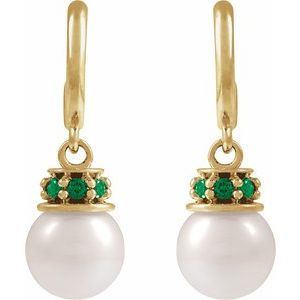 14K Yellow Gold Pearl 7-7.5 Mm Cultured Pearl And Natural Tsavorite Garnet Earrings