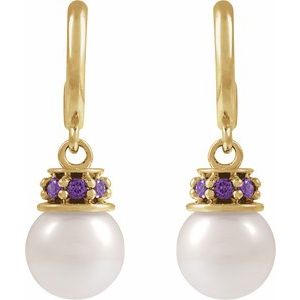 14K Yellow Gold Pearl 7-7.5 Mm Cultured Pearl And Lab-Grown Purple Sapphire Earrings