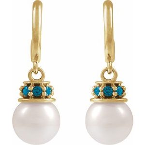 14K Yellow Gold Pearl 7-7.5 Mm Cultured Pearl And Natural London Blue Topaz Earrings