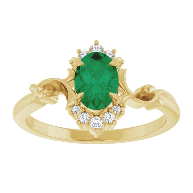 14K Yellow Gold Oval 7 X 5 Mm Polished Lab-Grown Emerald And .08 Ctw Natural Diamond Ring, Size 7
