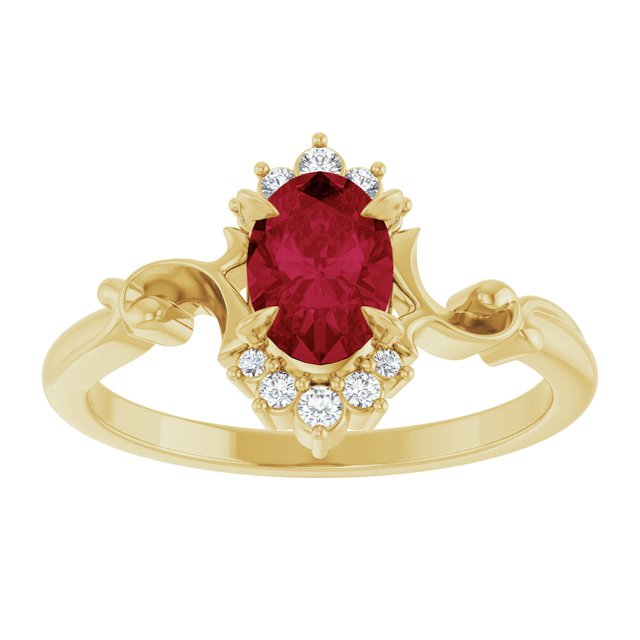 14K Yellow Gold Oval 7 X 5 Mm Polished Lab-Grown Ruby And .08 Ctw Natural Diamond Ring, Size 7