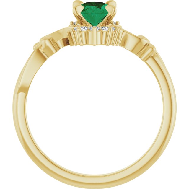 14K Yellow Gold Oval 7 X 5 Mm Polished Lab-Grown Emerald And .08 Ctw Natural Diamond Ring, Size 7