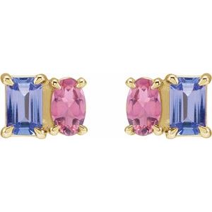 14K Yellow Gold Emerald 5 X 3 Mm Natural Tanzanite And Natural Pink Tourmaline Stud Earrings