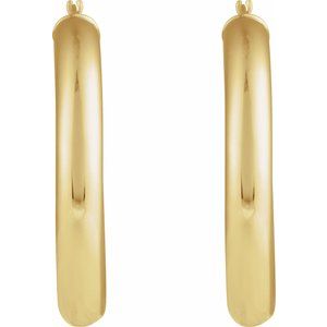 14K Yellow Gold Pair Round Tube Hoop Earrings, Length: 35 Mm, Thickness: 5 Mm