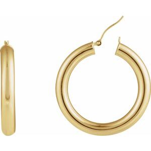 14K Yellow Gold Pair Round Tube Hoop Earrings, Length: 35 Mm, Thickness: 5 Mm