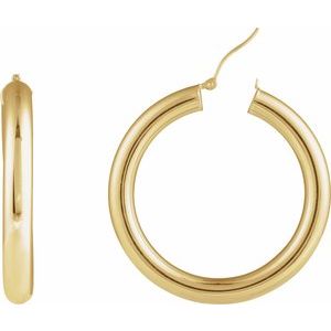 14K Yellow Gold Pair Round Tube Hoop Earrings, Length: 40 Mm, Thickness: 5 Mm