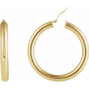 14K Yellow Gold Pair Round Tube Hoop Earrings, Length: 45 Mm, Thickness: 5 Mm
