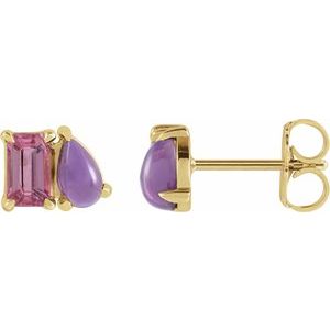 14K Yellow Gold Emerald 5 X 3 Mm Natural Pink Tourmaline And Natural Amethyst Stud Earrings