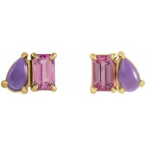 14K Yellow Gold Emerald 5 X 3 Mm Natural Pink Tourmaline And Natural Amethyst Stud Earrings