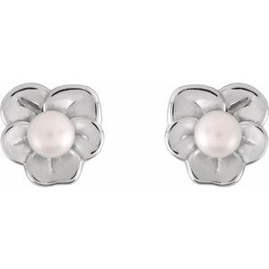 Sterling Silver Pearl Shape 3 Mm Cultured Pearl Floral Earrings
