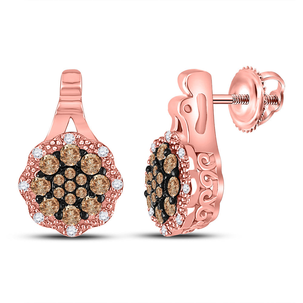 14K Rose Gold Womens Round Brown Diamond Cluster Earrings 1/2 Cttw