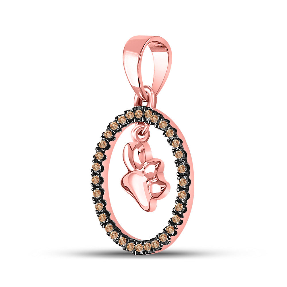 10K Rose Gold Womens Round Brown Diamond Dog Paw Print Circle Pendant 1/5 Cttw
