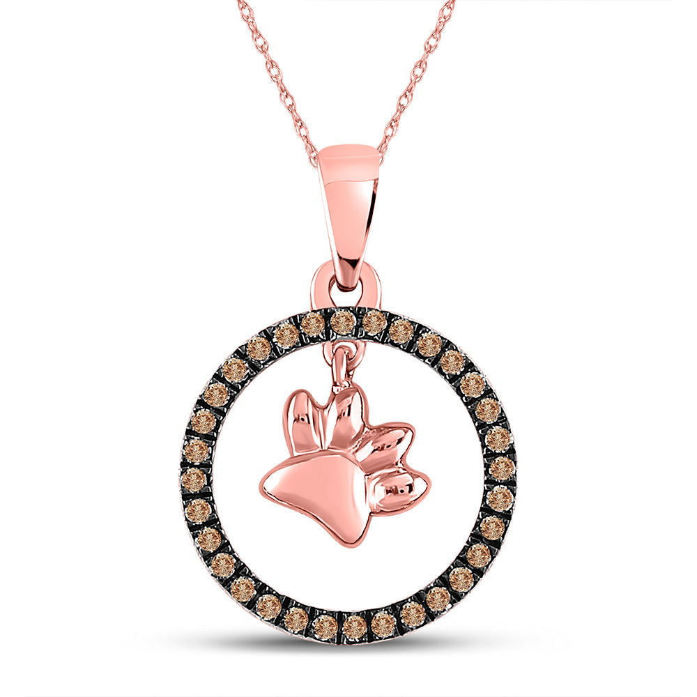 10K Rose Gold Womens Round Brown Diamond Dog Paw Print Circle Pendant 1/5 Cttw