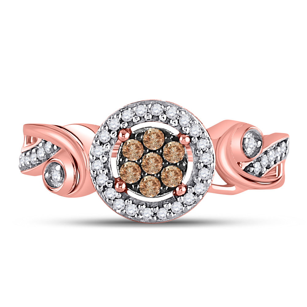 10K Rose Gold Womens Round Brown Diamond Fashion Cluster Ring 1/4 Cttw, Womens Size: 5-10