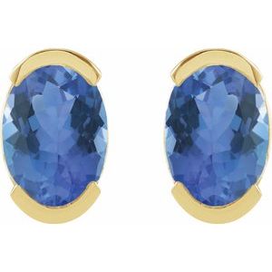 14K Yellow Gold Oval Shape 6 X 4 Mm Natural Tanzanite Half Bezel Earrings