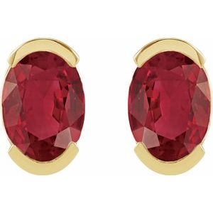 14K Yellow Gold Oval Shape 6 X 4 Mm Lab-Grown Ruby Half Bezel Earrings
