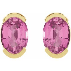 14K Yellow Gold Oval Shape 6 X 4 Mm Lab-Grown Pink Sapphire Half Bezel Earrings