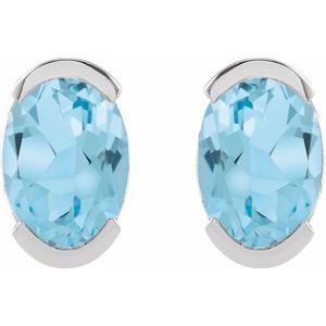 14K White Gold Oval Shape 6 X 4 Mm Natural Sky Blue Topaz Half Bezel Earrings